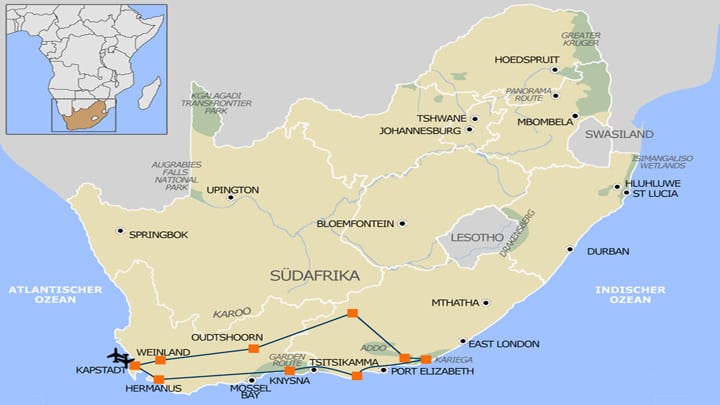 Karte Suedafrika Selbstfahrer Mietwagenrundreise Garden Route Karoo