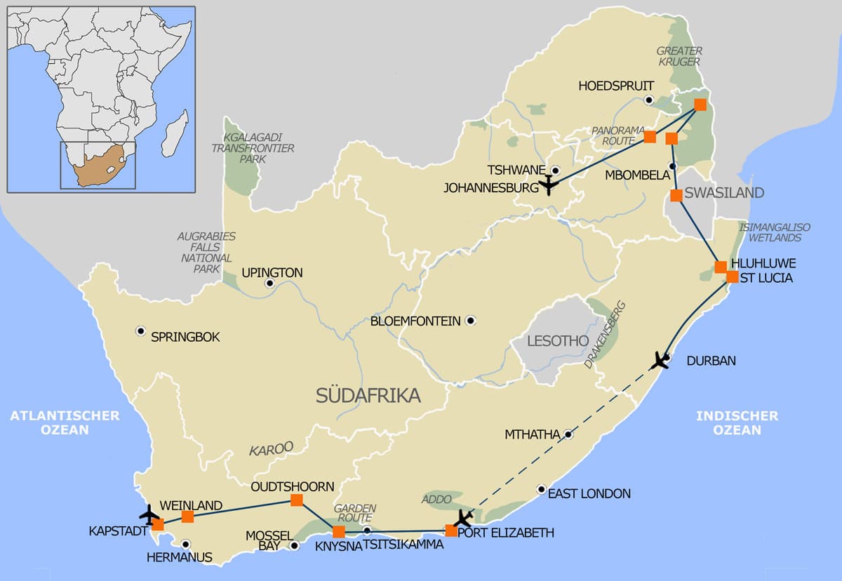 Route Südafrika Highlights Mietwagenrundreise